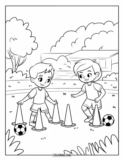 Coloriage de foot pour enfants : Deux enfants installent des cônes et des ballons sur un terrain près d’arbres et d’un bâtiment