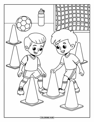 Coloriage de foot pour enfants : Deux enfants installent des cônes près d’un filet, avec un ballon et une gourde à côté