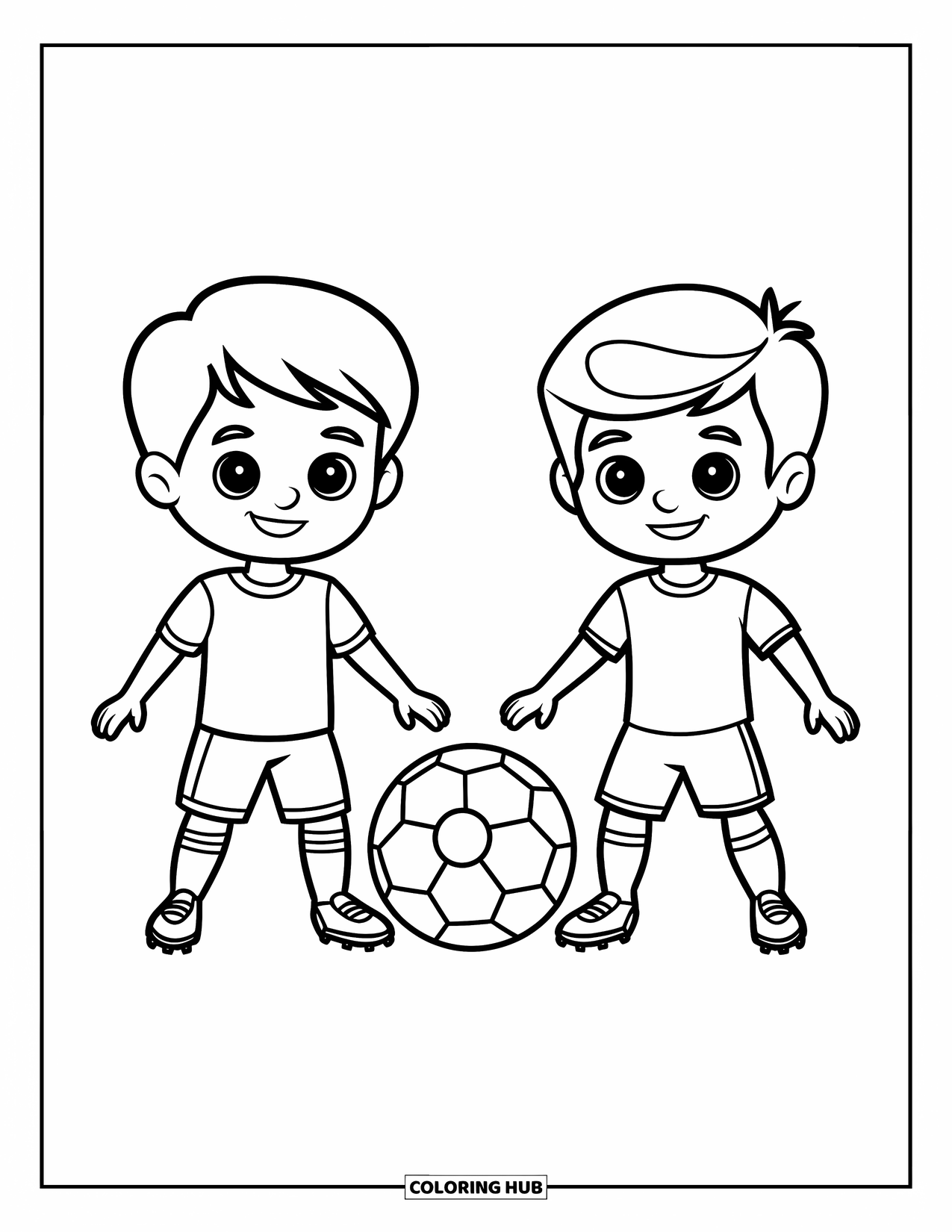 Desen de colorat cu fotbal pentru copii: Doi copii stau față în față, gata să înceapă meciul