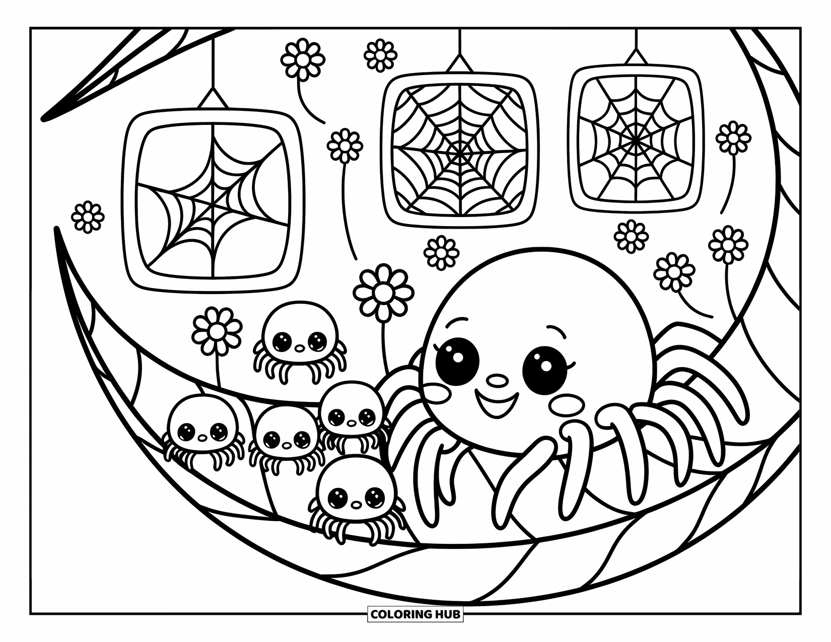 Spider Coloring Page for Adults: A cheerful spider leads baby spiders through a web museum tucked in a curled leaf