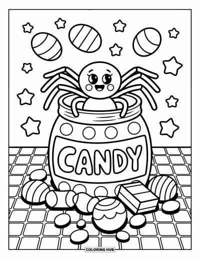 Coloriage d'araignées pour adultes : Une araignée joyeuse surgit d'un bocal à bonbons tandis que des dragées rebondissent sur la table