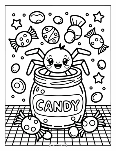 Coloriage d'araignées pour adultes : Une araignée souriante surprend depuis un bocal à bonbons pendant que des friandises bondissent sur la table
