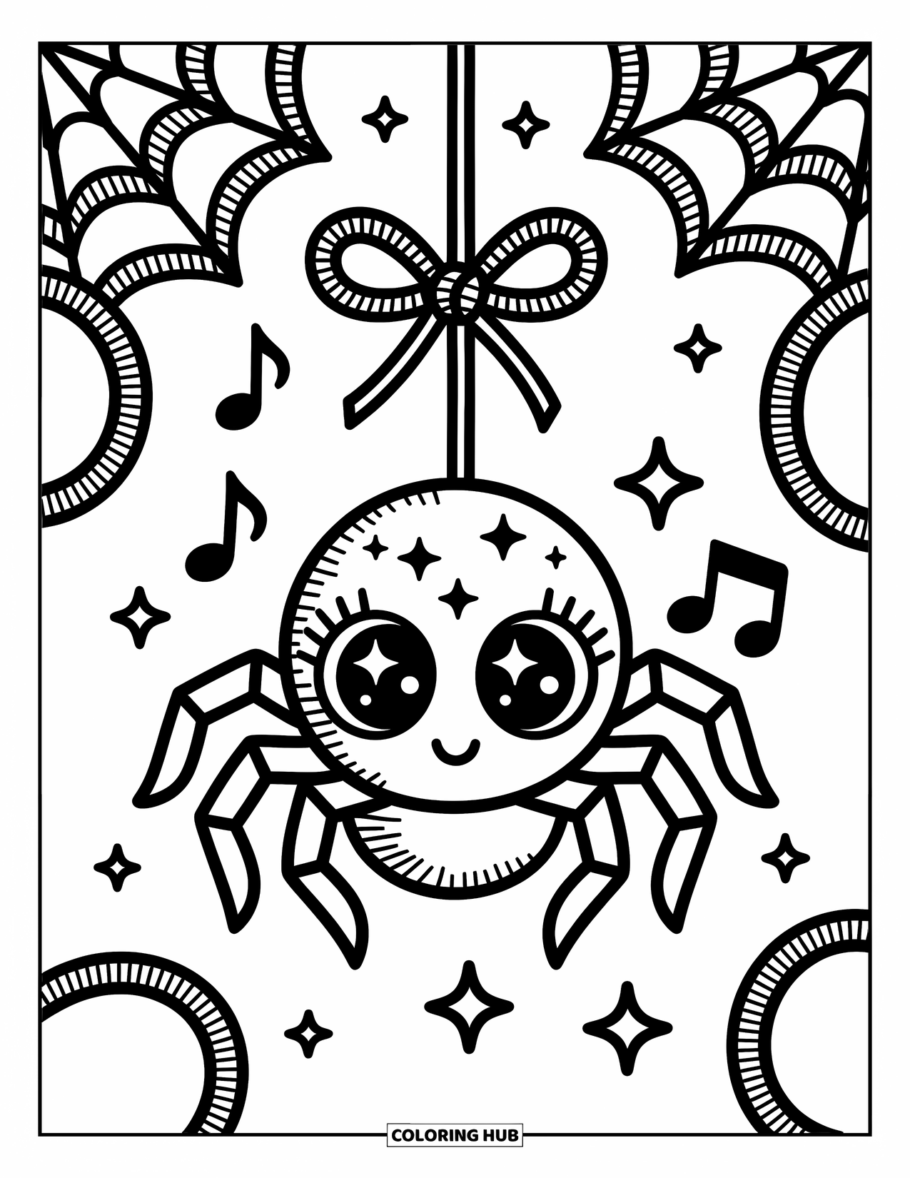 Spider Coloring Page for Adults: A cheerful spider with sparkly eyes swings through stars and music on a ribbon thread