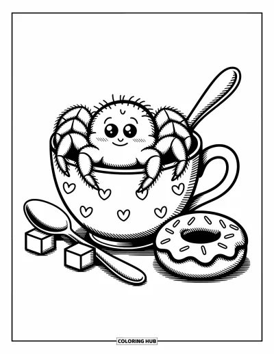 Coloriage d'araignées pour adultes : Une araignée dodue passe la tête d'une tasse avec des cœurs, à côté de donuts et de morceaux de sucre