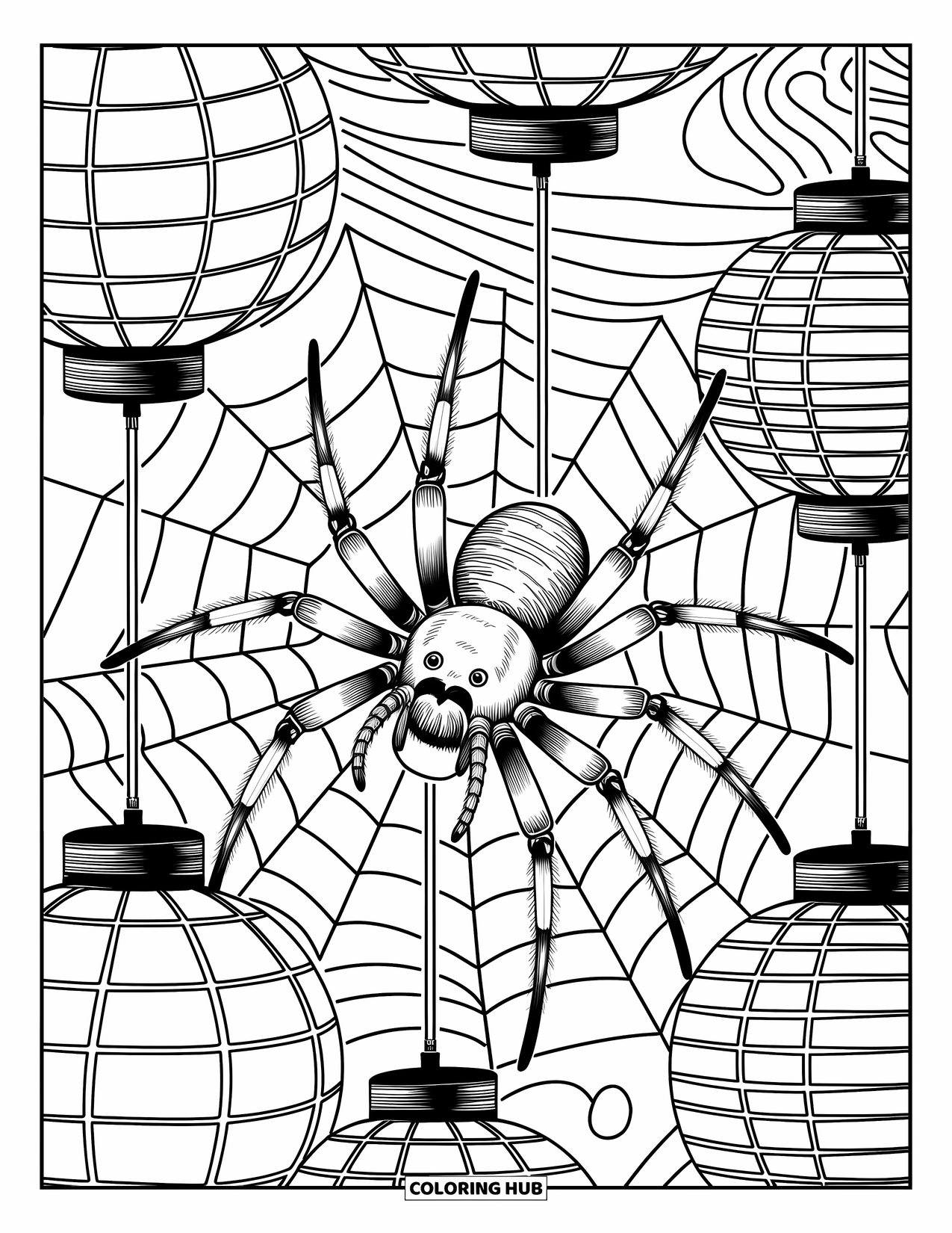 Spider Coloring Page for Adults: A close-up spider weaves its web near lanterns, surrounded by soft swirling patterns
