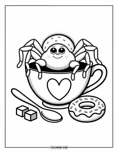 Coloriage d'araignées pour adultes : Une araignée curieuse se penche hors d'une tasse pendant que des douceurs et une cuillère reposent à côté