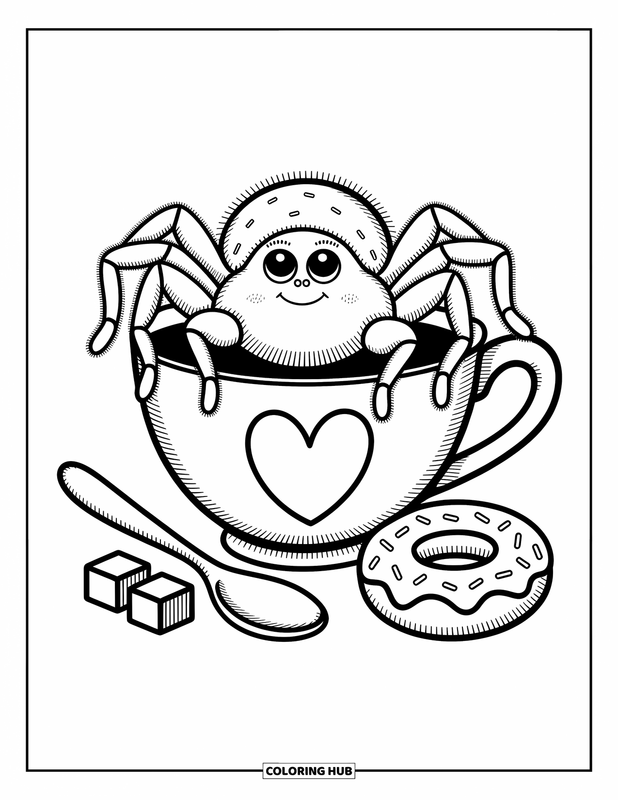 Spider Coloring Page for Adults: A curious spider leans from a teacup while sweets and a spoon sit nearby
