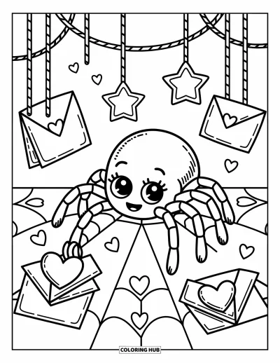 Coloriage d'araignées pour adultes : Une araignée curieuse tend la patte vers un mot en forme de cœur sur une toile remplie de mini-courriers