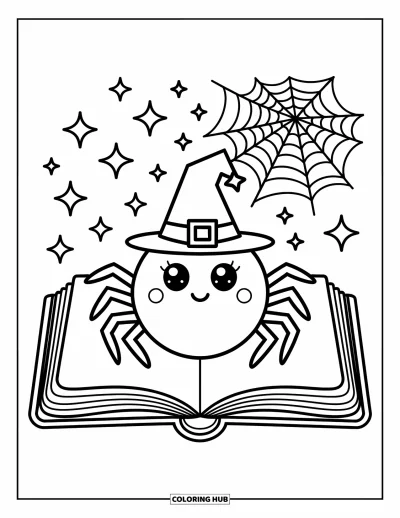 Coloriage d'araignées pour adultes : Une adorable araignée en chapeau de sorcier se blottit dans une scène de livre de contes scintillante