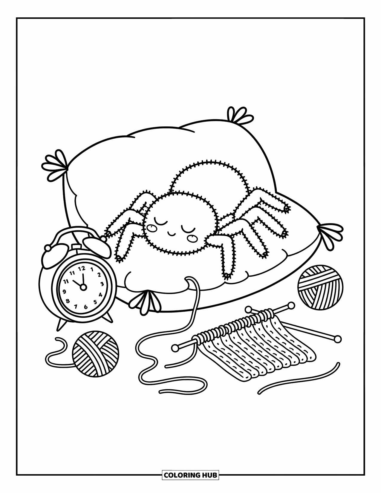 Spider Coloring Page for Adults: A cute spider rests beside yarn and a clock, dozing on a fluffy pillow