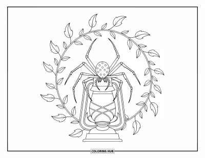 Coloriage d'araignées pour adultes : Une araignée délicate est posée sur une lanterne, entourée de lierre en volutes et d'ornements gracieux
