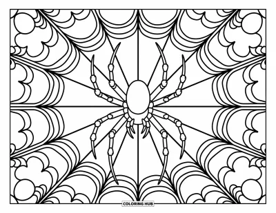 Coloriage d'araignées pour adultes : Une araignée détaillée et sa toile brillent d'un charme vitrail avec des motifs décoratifs en spirale