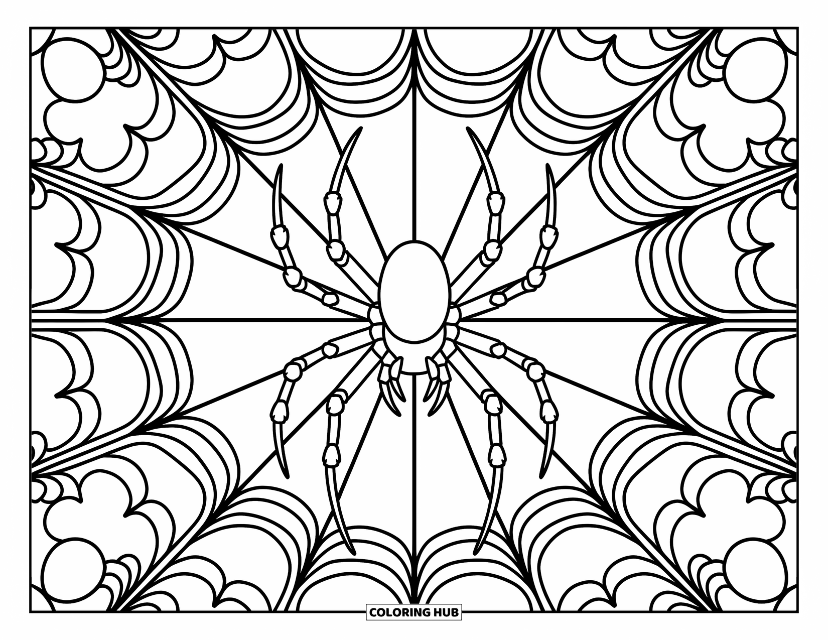 Spider Coloring Page for Adults: A detailed spider and web glow with stained-glass charm and swirling decorative motifs