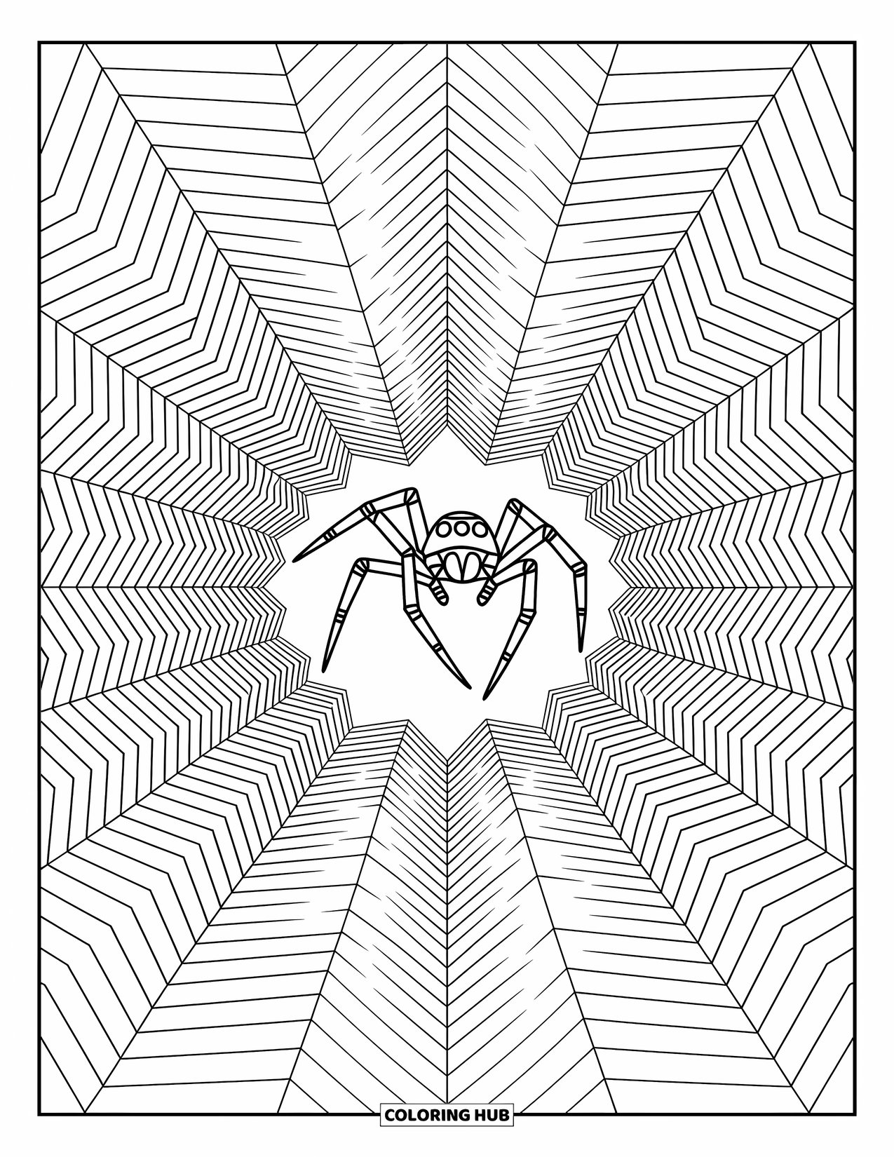 Spider Coloring Page for Adults: A graceful spider jumps through a maze of diamonds and triangles