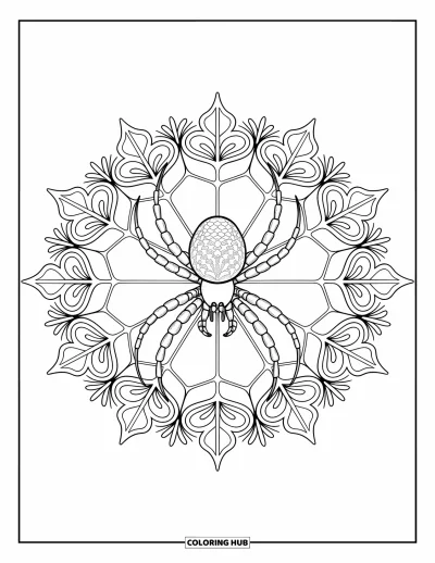 Coloriage d'araignées pour adultes : Une araignée gracieuse repose dans un mandala floral entouré de motifs botaniques superposés