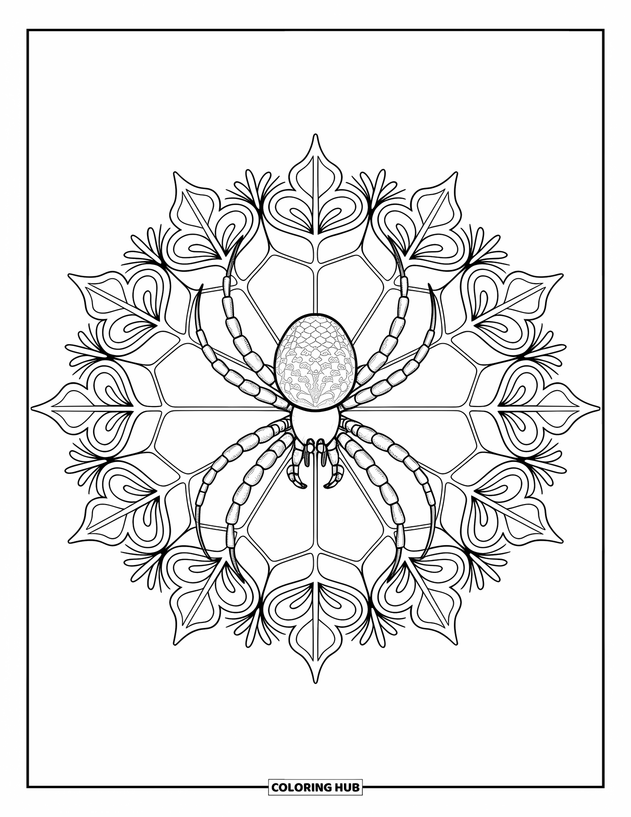 Spider Coloring Page for Adults: A graceful spider rests in a floral mandala surrounded by layered botanical designs
