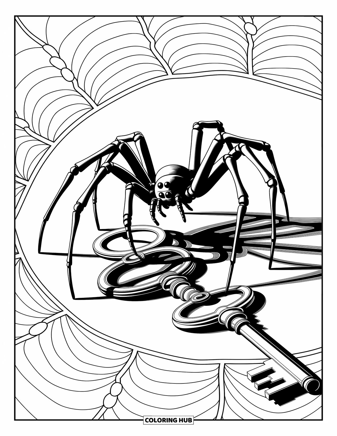 Spider Coloring Page for Adults: A graceful spider rests on antique keys, surrounded by swirling, elegant patterns