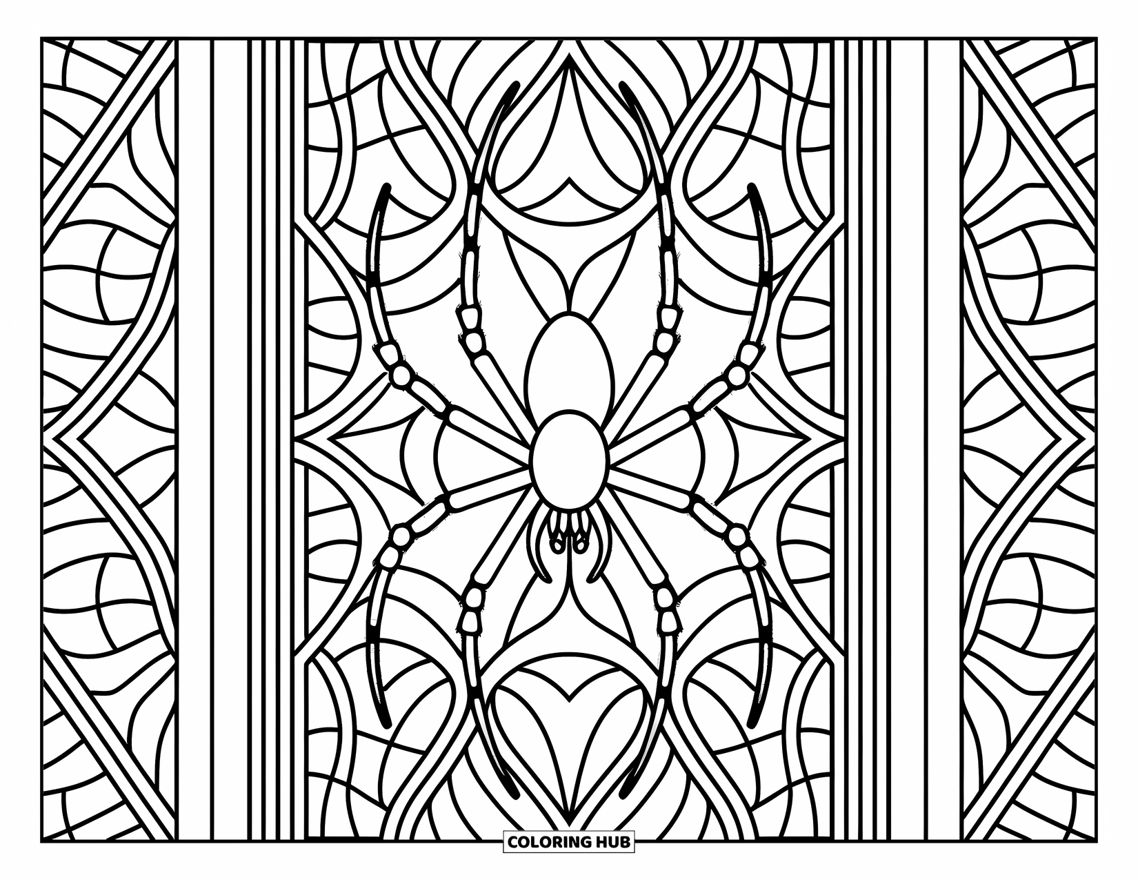 Spider Coloring Page for Adults: A graceful spider sits in a webbed window surrounded by flowing, intricate pattern designs