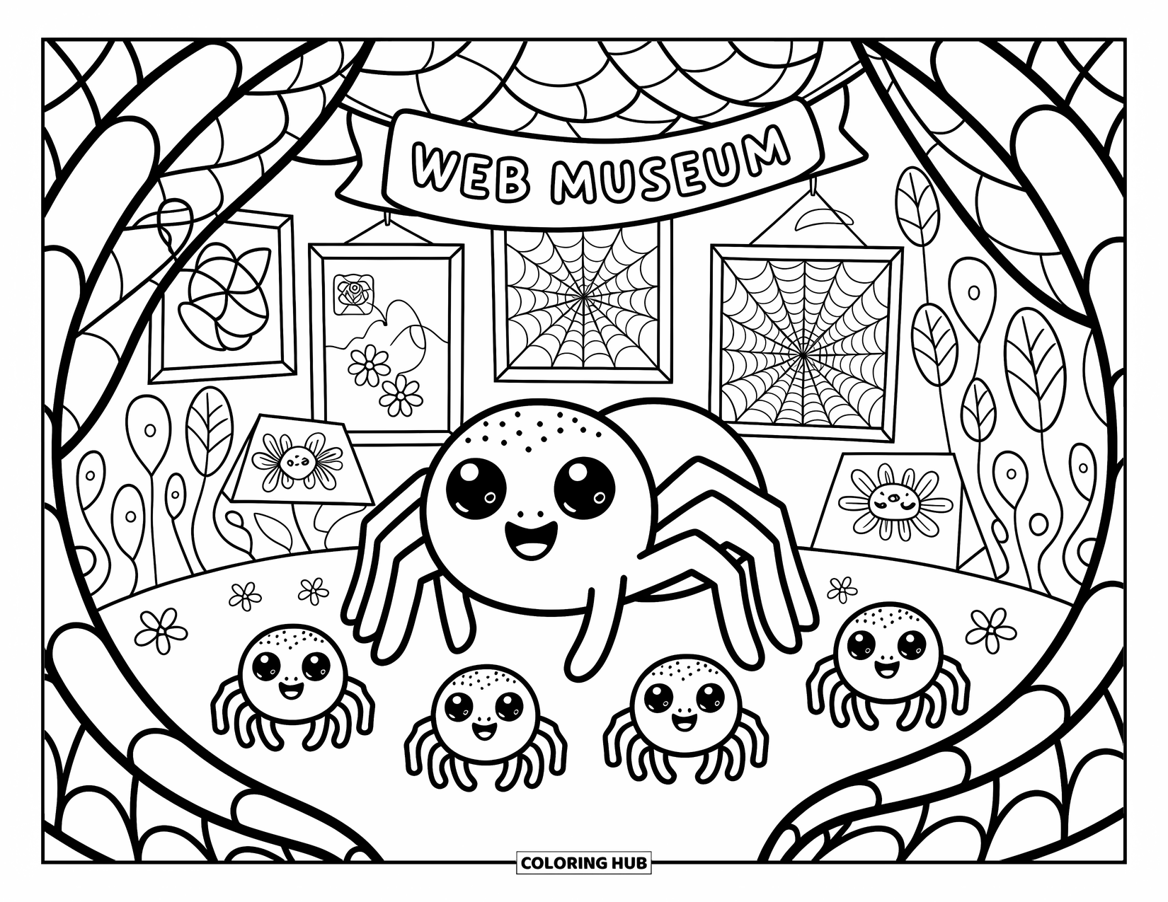 Spider Coloring Page for Adults: A happy spider gives baby spiders a fun tour inside a cozy web museum
