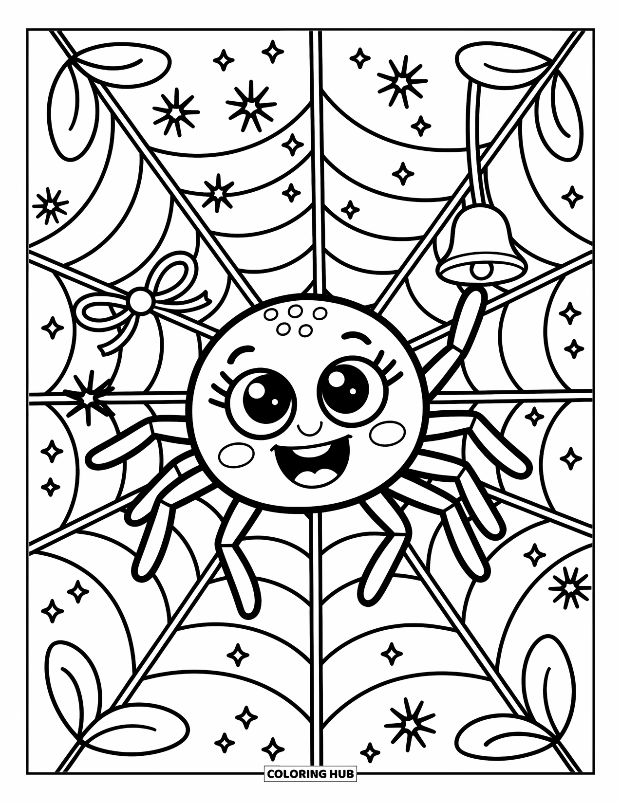 Spider Coloring Page for Adults: A happy spider reaches to hang a tiny bell on its decorated, starry web