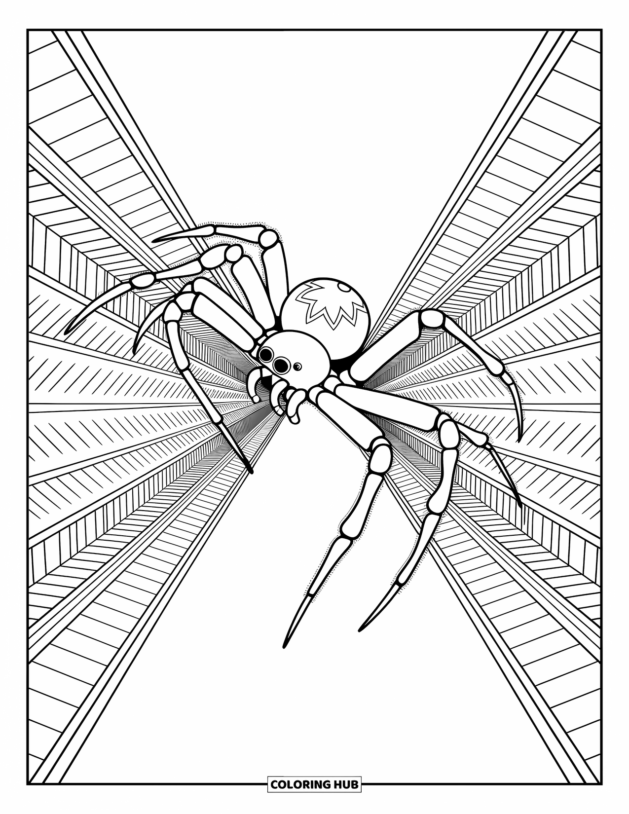 Spider Coloring Page for Adults: A jumping spider leaps through a tunnel of diamonds and triangles