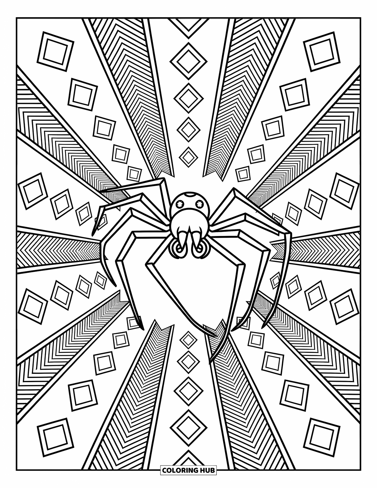 Spider Coloring Page for Adults: A leaping spider moves through a tunnel filled with eye-catching shapes