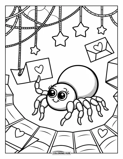 Coloriage d'araignées pour adultes : Une petite araignée trouve de la magie dans une toile-poste remplie de cœurs et de minuscules surprises