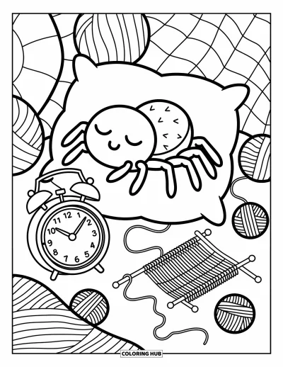 Coloriage d'araignées pour adultes : Une petite araignée fait une sieste tranquille parmi des pelotes de laine et un mini-réveil