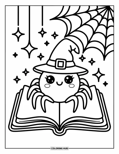 Coloriage d'araignées pour adultes : Une araignée magique avec un chapeau de sorcier est assise dans un livre de contes, entourée d'étincelles