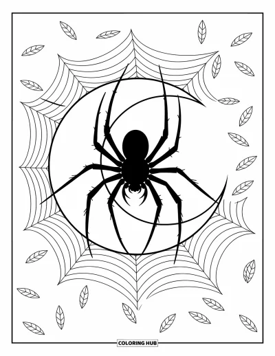 Coloriage d'araignées pour adultes : Une araignée au clair de lune s'étire sur la page avec des feuilles flottantes et des motifs élégants