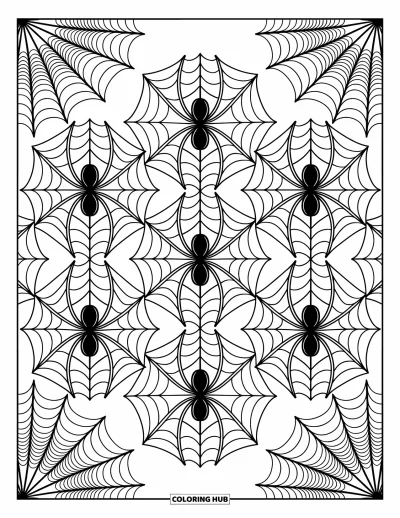 Coloriage d'araignées pour adultes : Un réseau d'araignées et de toiles forme une scène calme aux motifs harmonieux