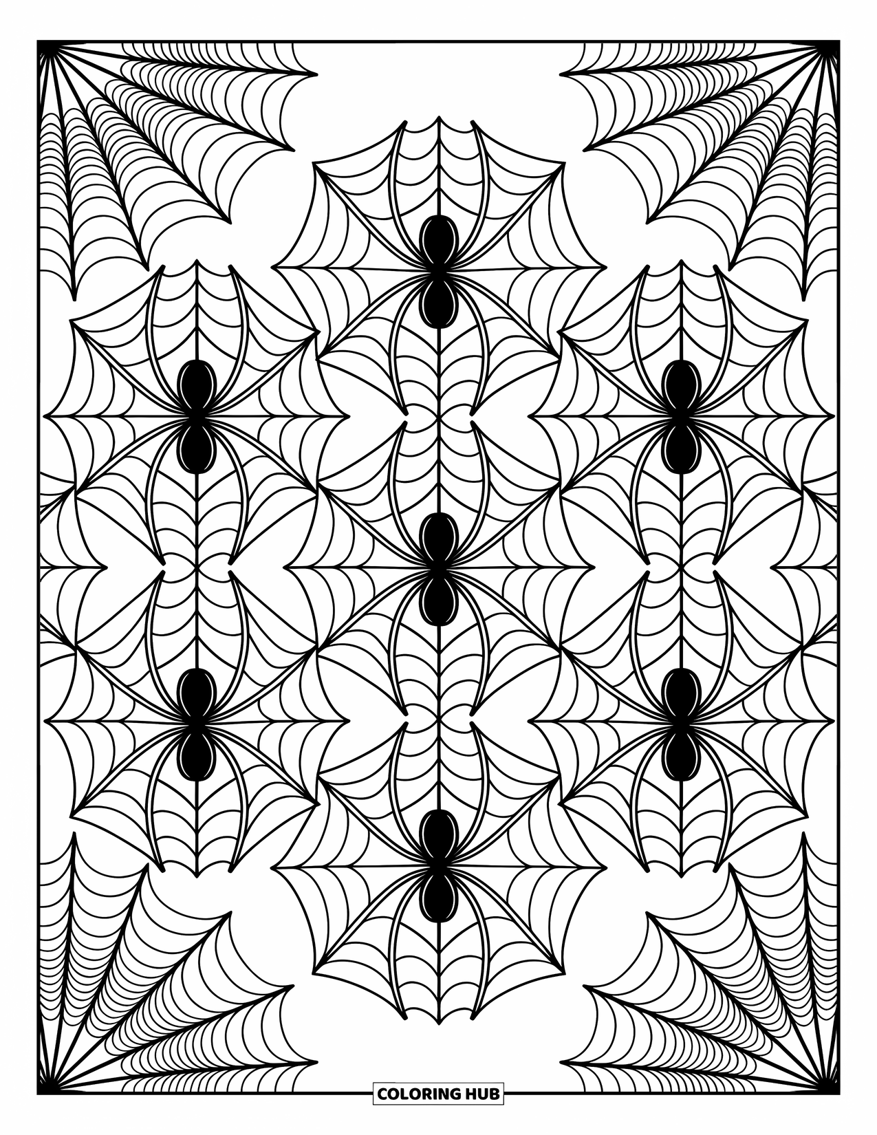 Spider Coloring Page for Adults: A network of spiders and webs forms a calm and beautifully patterned scene