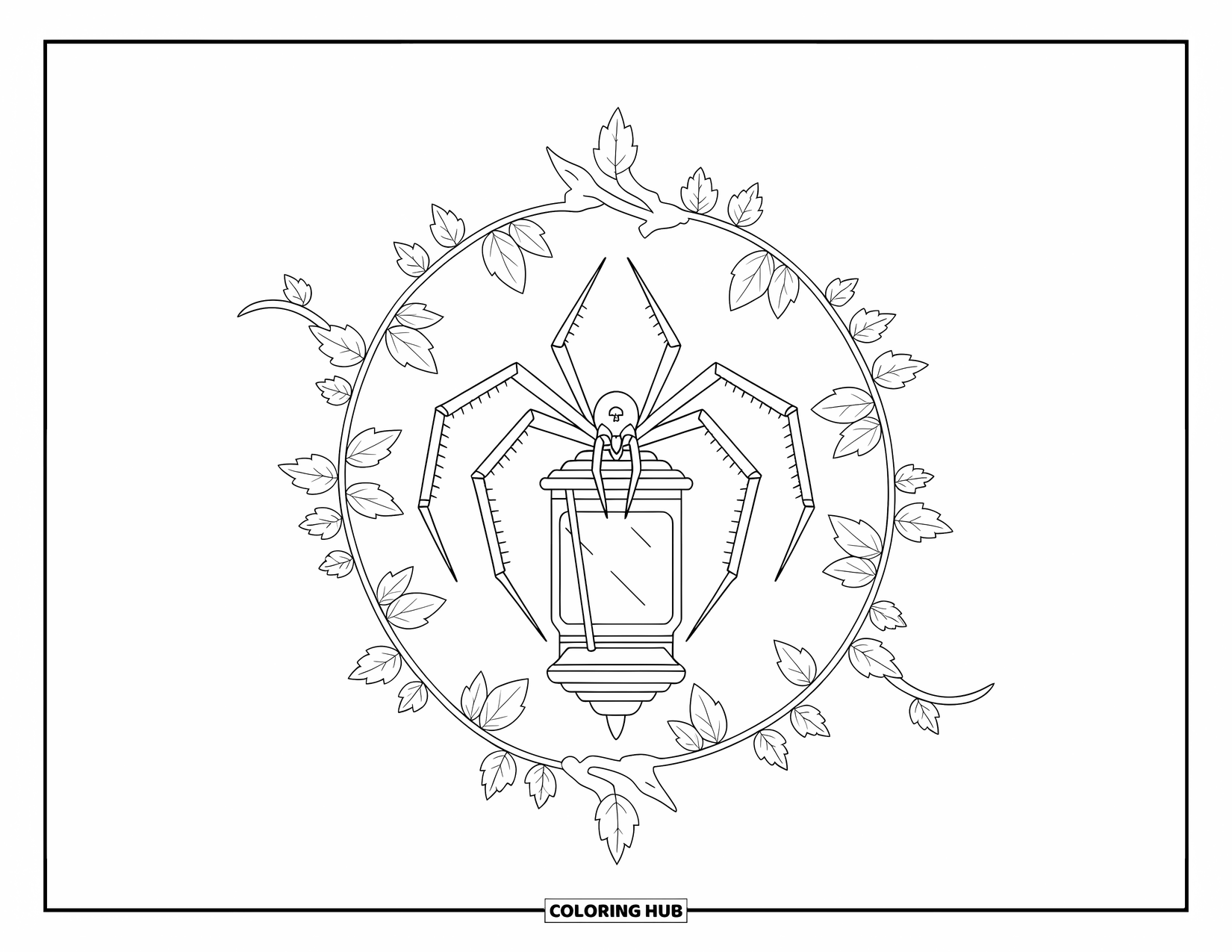 Spider Coloring Page for Adults: A peaceful spider on a lantern is surrounded by graceful ivy and elegant pattern details