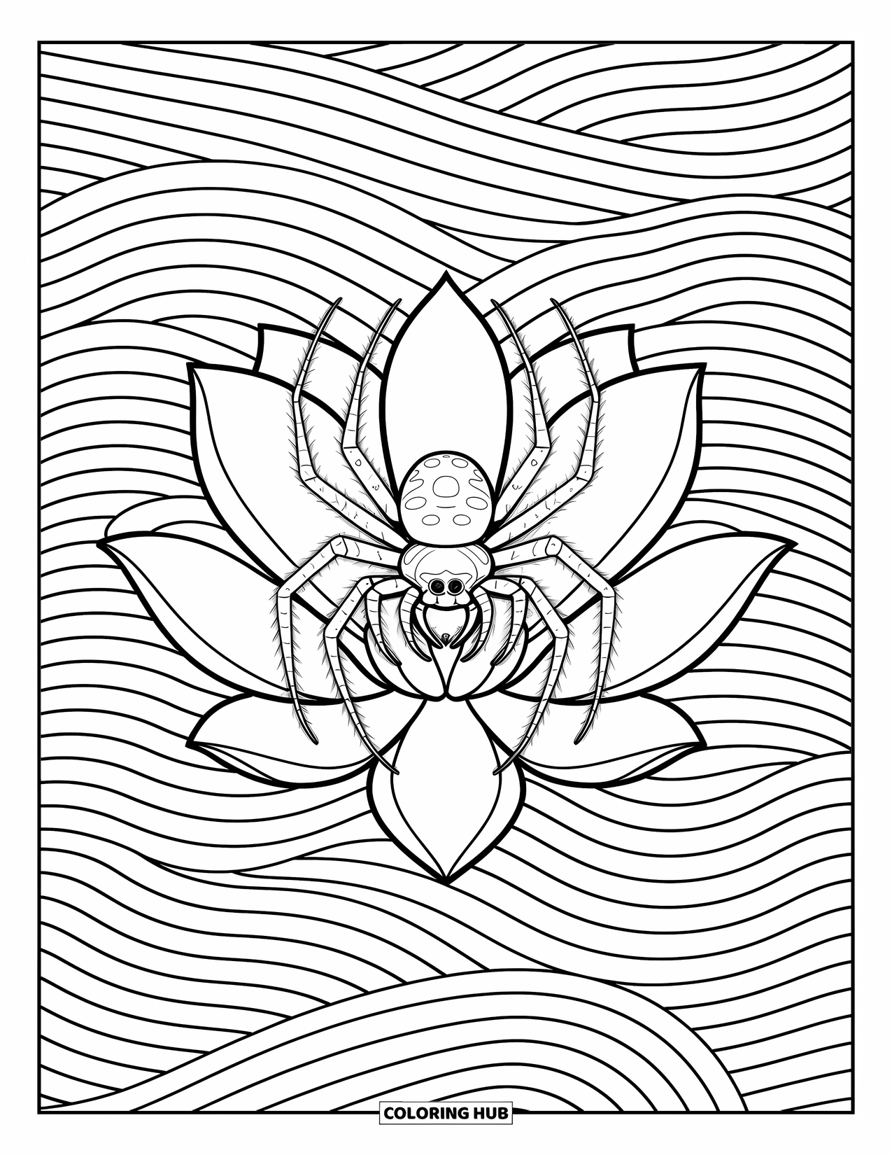 Spider Coloring Page for Adults: A peaceful spider perches on a lotus, wrapped in swirling, gentle designs