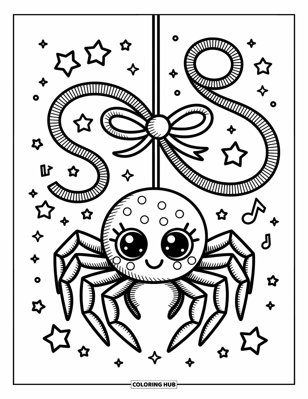 Spider Coloring Page for Adults: A playful spider glides from a bow-tied thread with stars and musical notes around it