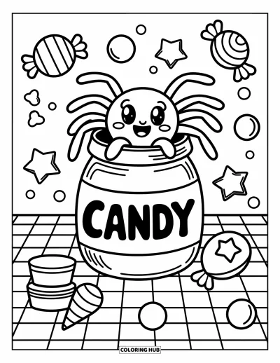 Coloriage d'araignées pour adultes : Une araignée joueuse surgit d'un bocal à bonbons avec des friandises et des dragées qui débordent