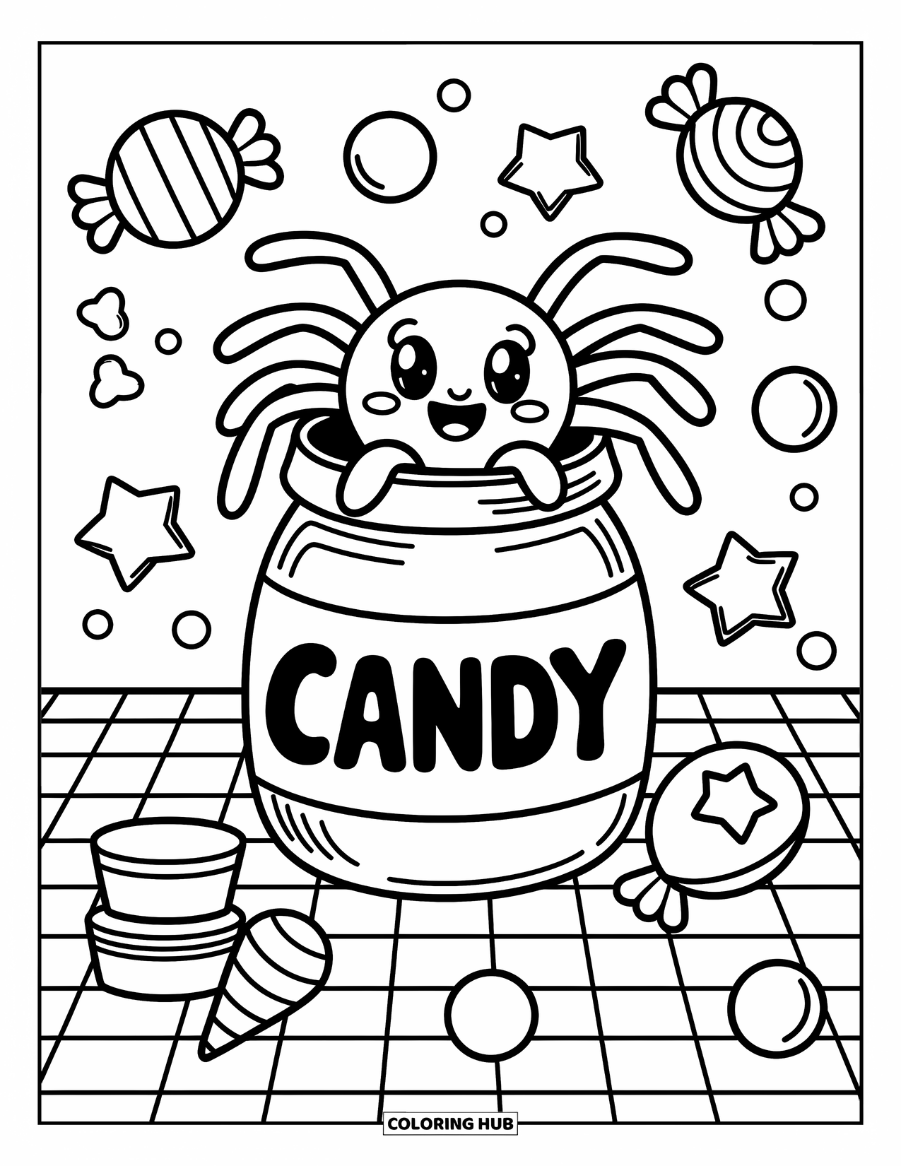 Spider Coloring Page for Adults: A playful spider pops out of a candy jar with sweets and jellybeans spilling out