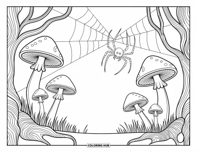 Coloriage d'araignées pour adultes : Une araignée silencieuse tisse une toile sous des champignons dans une forêt paisible