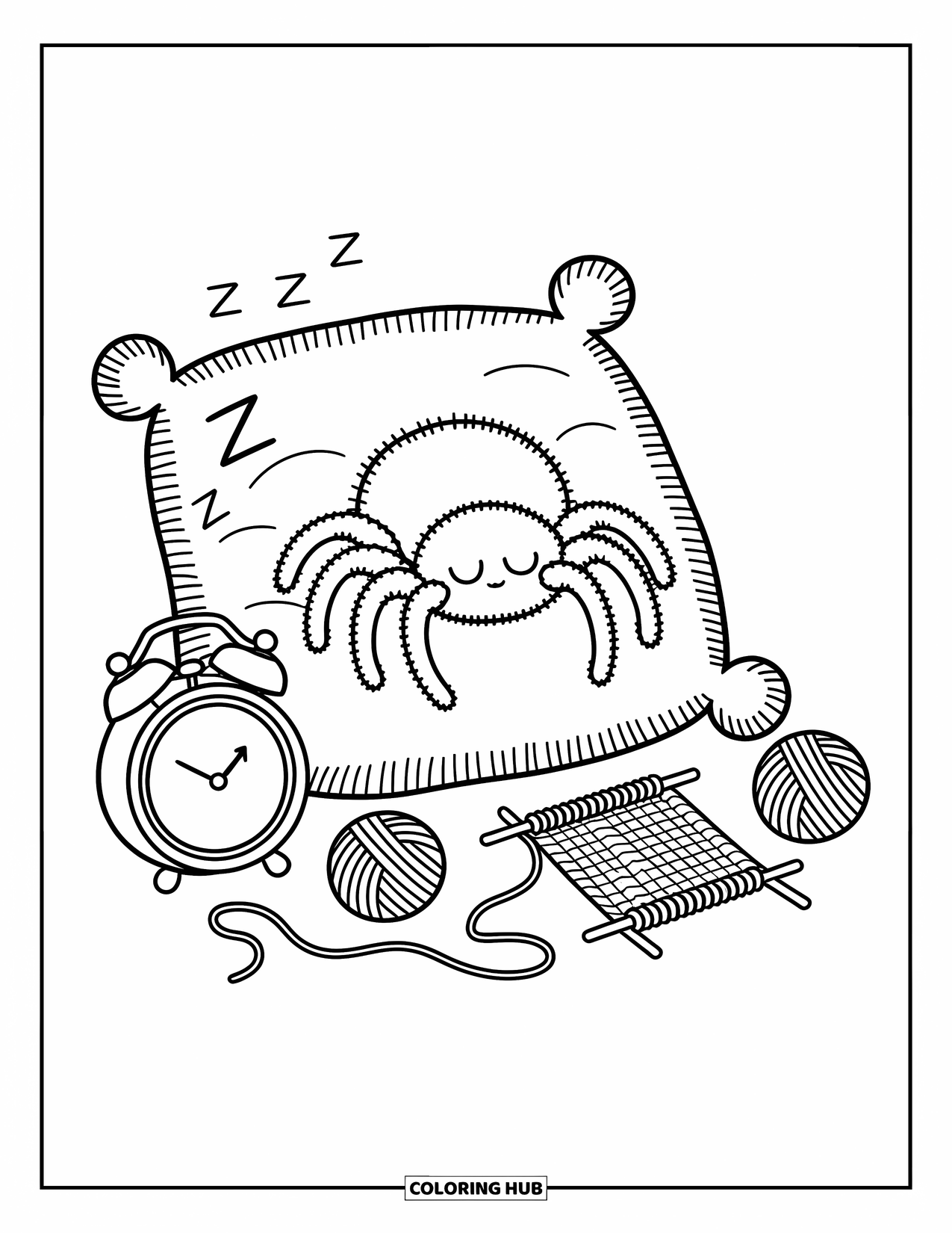 Spider Coloring Page for Adults: A sleepy spider naps peacefully on a pillow beside yarn and a tiny clock