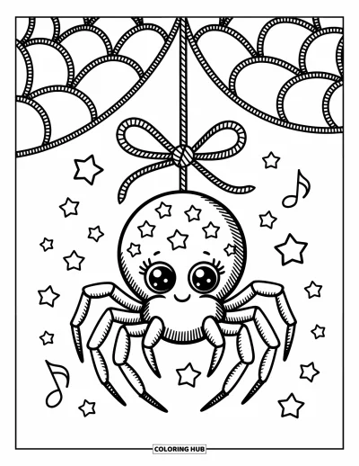 Coloriage d'araignées pour adultes : Une araignée aux yeux scintillants se balance à un fil noué d'un nœud, parmi des étoiles et des notes de musique