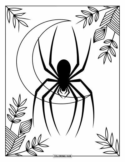 Coloriage d'araignées pour adultes : Une araignée apparaît devant une lune en croissant avec des feuilles flottantes et des formes géométriques douces