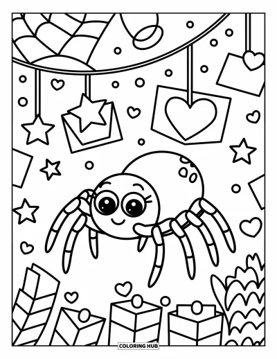 Coloriage d'araignées pour adultes : Une araignée tend doucement la patte vers un mot en cœur dans une toile fantaisiste de messages suspendus