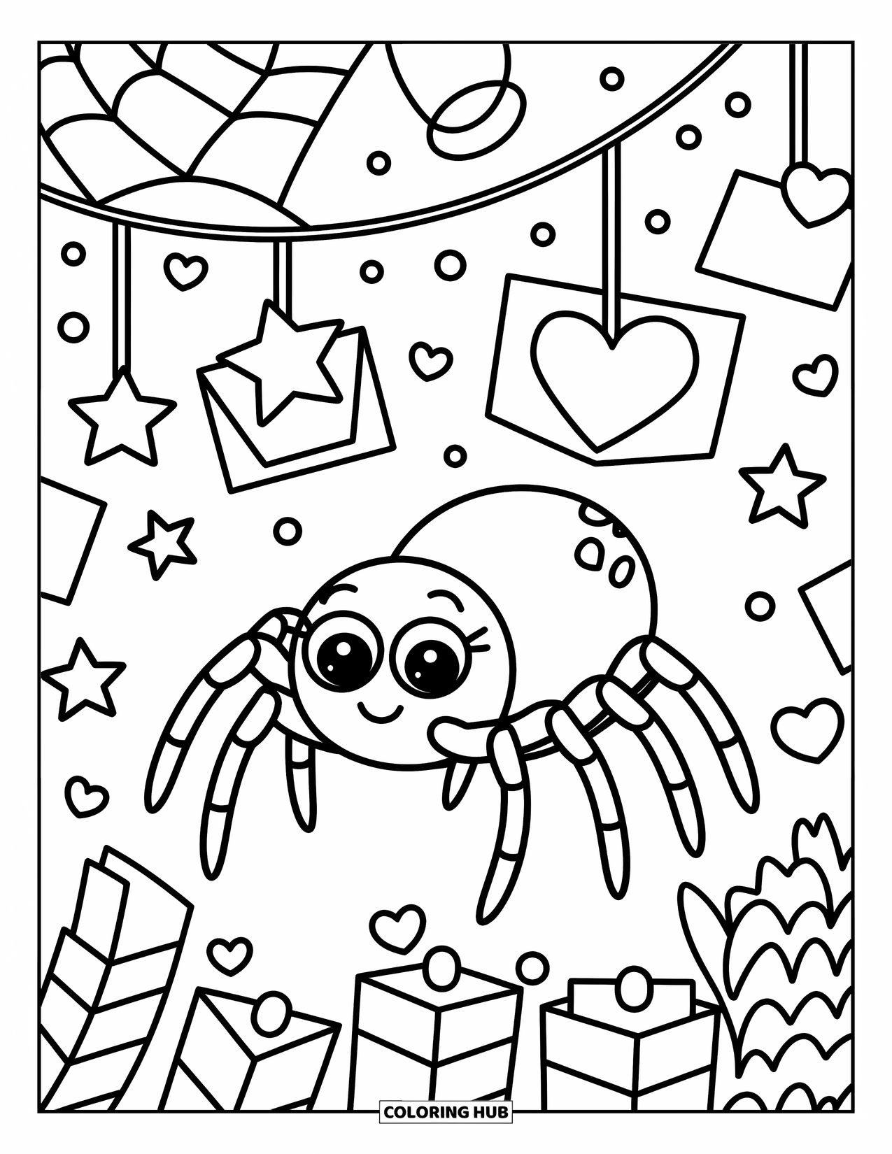 Spider Coloring Page for Adults: A spider gently reaches toward a heart note in a whimsical web of hanging messages