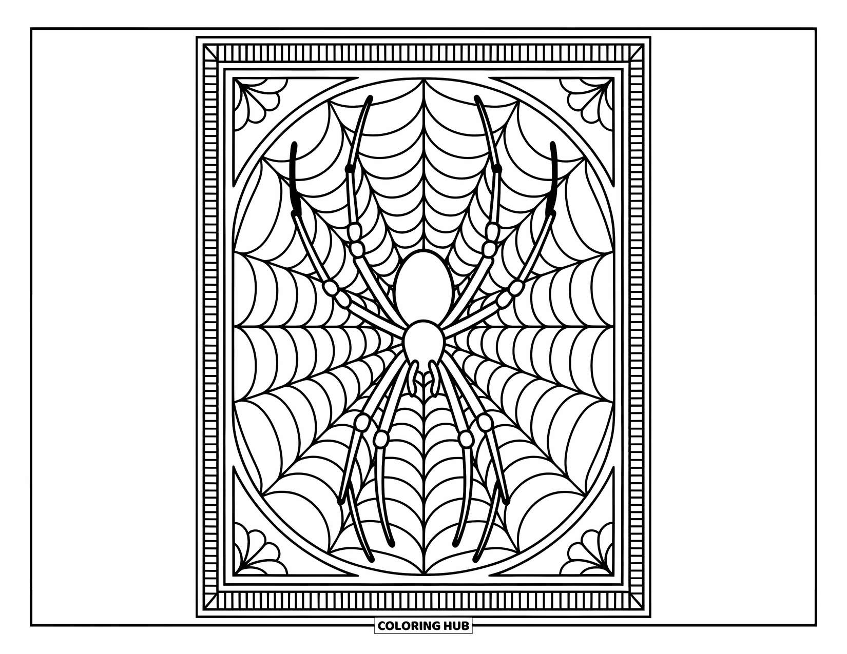 Spider Coloring Page for Adults: A spider perches in a webbed window bordered by beautiful, flowing pattern designs