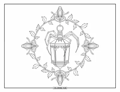 Coloriage d'araignées pour adultes : Une araignée perchée sur une lanterne avec du lierre enroulé et de beaux motifs décoratifs tout autour