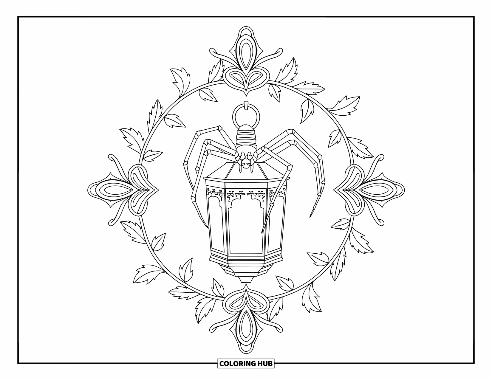 Spider Coloring Page for Adults: A spider perches on a lantern with curling ivy and beautiful decorative patterns all around