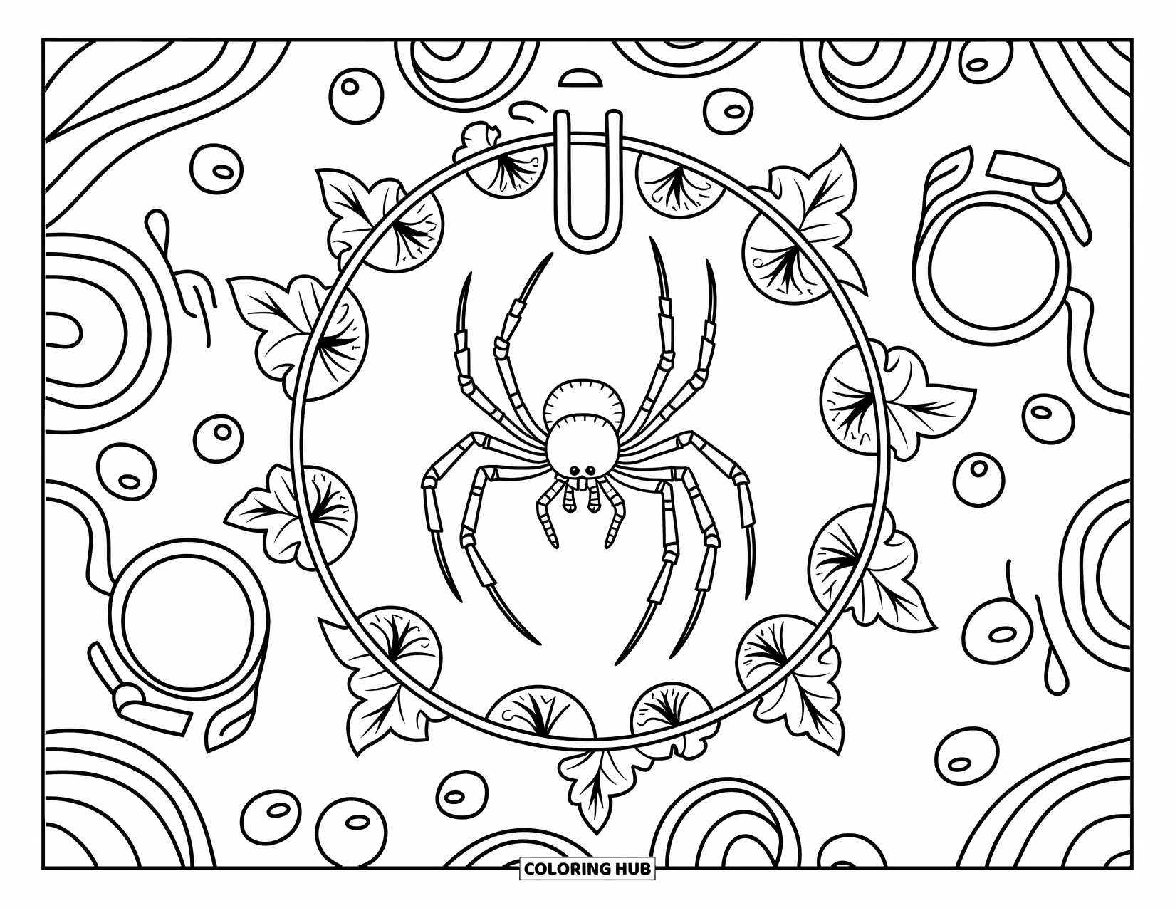 Spider Coloring Page for Adults: A spider rests gently on a lantern surrounded by ivy curls and ornate patterns
