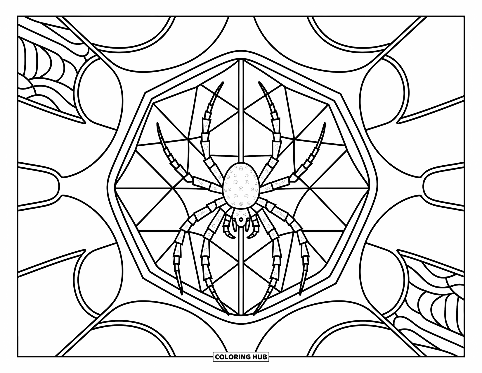 Spider Coloring Page for Adults: A spider rests inside a webbed, stained-glass window filled with elegant, swirling patterns