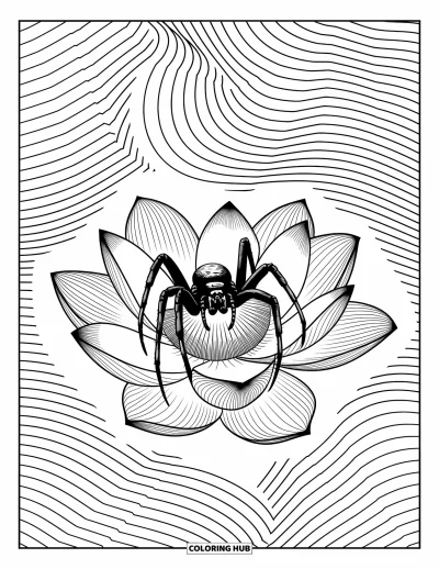 Coloriage d'araignées pour adultes : Une araignée se repose sur des pétales de lotus, entourée de vagues douces et de lignes fluides