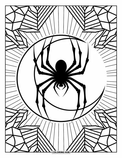 Coloriage d'araignées pour adultes : Une araignée en silhouette devant la lune, entourée de feuilles et de formes géométriques douces
